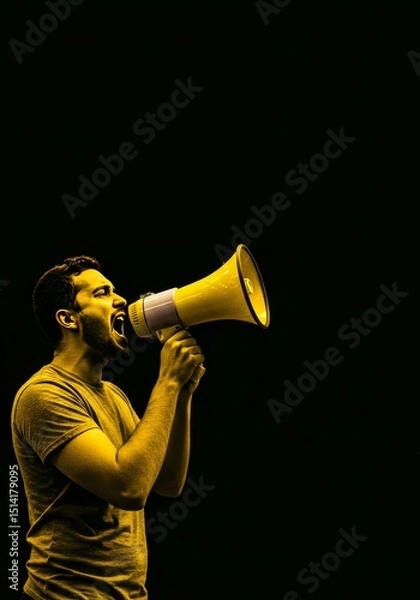 Fototapeta Image of Man Shouting into Megaphone at Protest in Yellow Tone