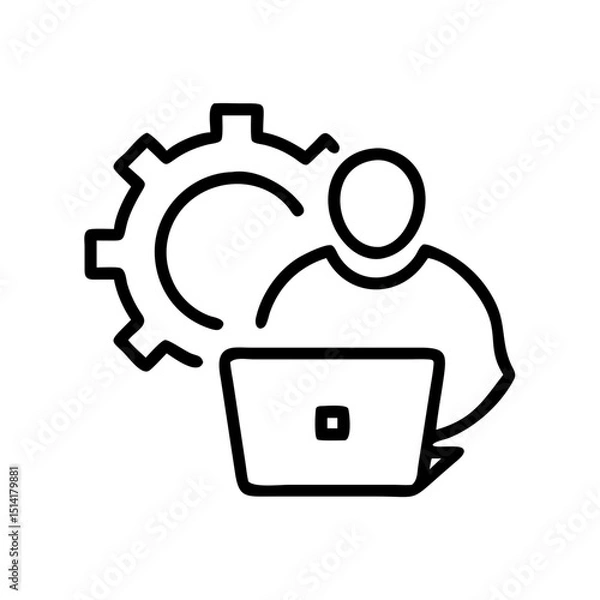 Fototapeta Line drawing of a person using laptop with gear symbol behind  