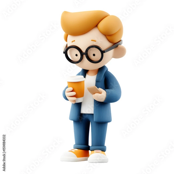 Fototapeta 3D Character with Coffee and Phone: Modern Lifestyle and Technology Concept