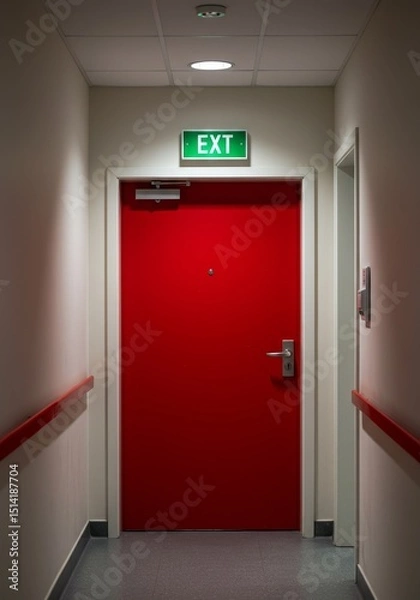 Fototapeta Hallway Photo of Red Exit Door with Exit Sign on Wall Indoors
