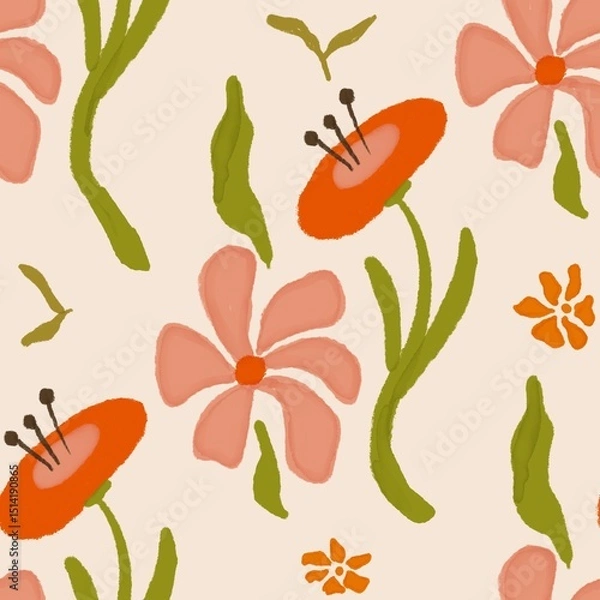 Obraz Orange flower with green leaf seamless pattern