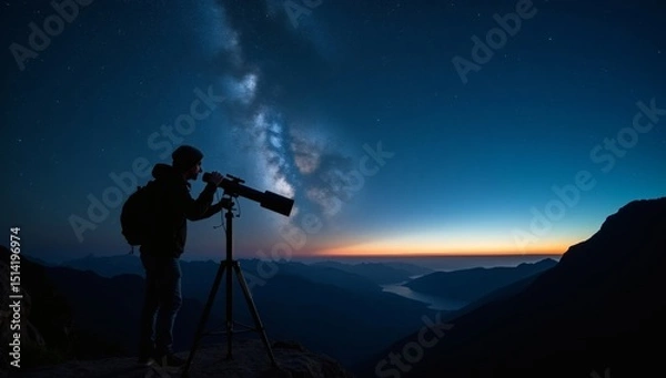 Fototapeta A person observing the Milky Way through a telescope on a clear starry night, surrounded by mountain landscapes