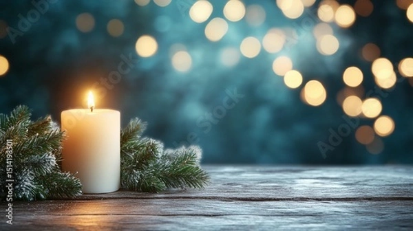 Fototapeta A single candle sits on a rustic wooden table, adorned with pine sprigs, against a backdrop of blurred teal lights