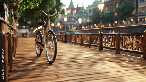 Fototapeta A vintage bicycle sits on a wooden boardwalk along a canal, bathed in golden sunlight, with charming European-style buildings in the background