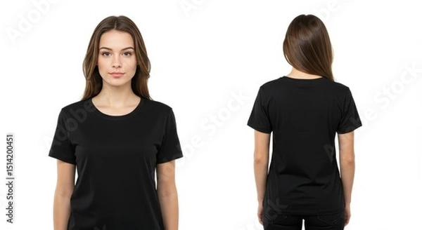 Obraz Realistic Photo of Woman in Black T-Shirt Front and Back View