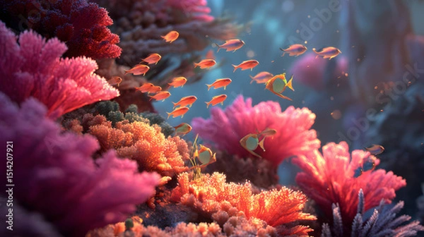 Fototapeta Coral Reef Teeming With Fish Warm Lighting
