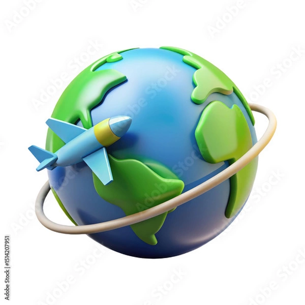 Obraz Airplane Flying Around Earth Globe for Travel and Tourism 3d icon in cartoon plastic style minimal isolated on transparent white background, clipping path