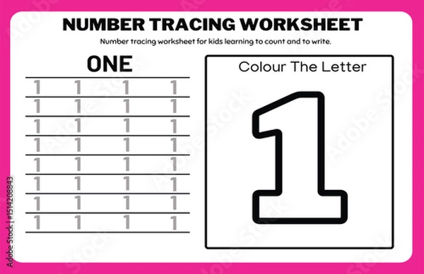 Obraz Number tracing practice worksheet with Worksheet for learning numbers. Number training writes and counts numbers. Exercises handwriting practice	