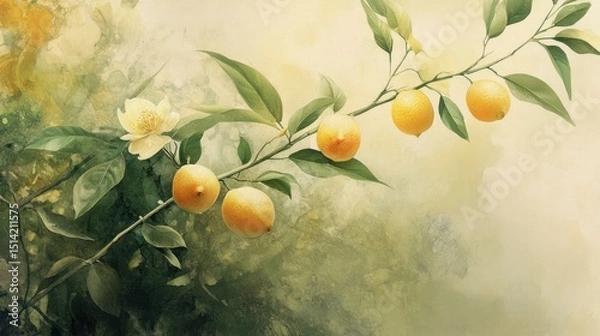 Obraz Watercolor painting of a lemon branch with blossoms and leaves in soft, pastel colors, depicting a tranquil garden scene.