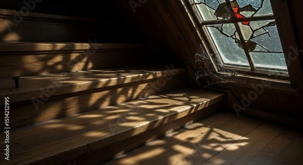 Fototapeta Wooden staircase with shadows and stained glass window in attic