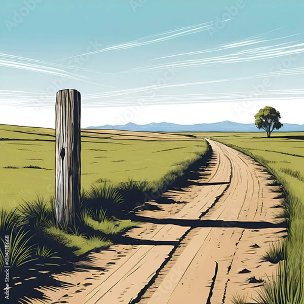 Obraz Hand drawn vector illustration of a wooden post beside a dirt road and grass in a desolate landscape during the day