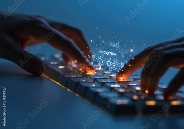 Fototapeta Typing on keyboard innovation technology concept digital transformation and automation process idea concept