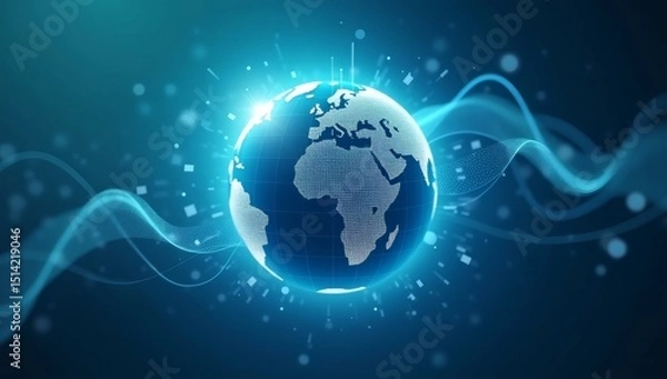 Fototapeta A futuristic digital globe surrounded by glowing blue data waves, symbolizing global connectivity and digital networks