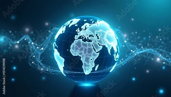 Fototapeta  A glowing 3D globe with network connections, representing the global data exchange and digital transformation across the world