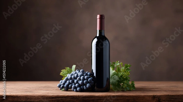 Fototapeta Elegant wine bottle with dark grapes and green leaves on rustic wood, creating warm and inviting atmosphere for wine lovers