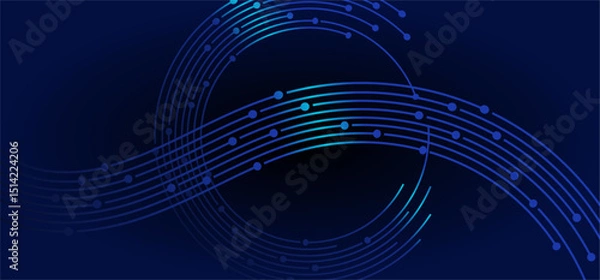 Fototapeta Abstract blue curved lines & dots on dark background