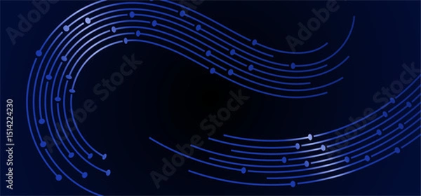 Fototapeta Flowing blue lines with dots connect to a central black void on a dark gradient background