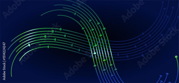 Fototapeta Wavy green and blue lines with dots on dark blue background