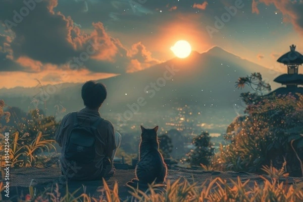 Fototapeta A man and a Balinese cat observing a solar eclipse.