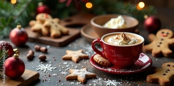 Fototapeta Cozy Christmas table setup with hot chocolate, gingerbread cookies, and baking ingredients , pinecone, gingerbread cookies, dessert