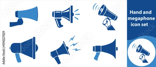 Fototapeta Hand and megaphone icon set, volume, speech, amplifier, symbol, office, bank, computer, sign, three-dimensional, cyberspace, paper, web, advertising, pen, vector and more