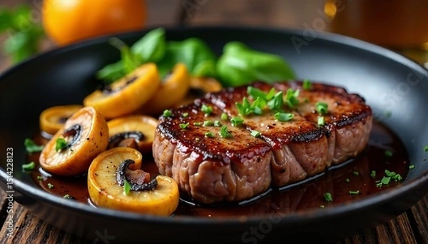 Fototapeta Pan-seared venison steak with caramelized autumn mushrooms , venison, mushroom, pan-seared