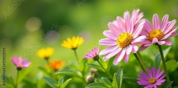 Fototapeta Pink and white daisies swaying gently in a breeze, surrounded by lush green grass and colorful wildflowers , white daisies, nature scenery, flower field