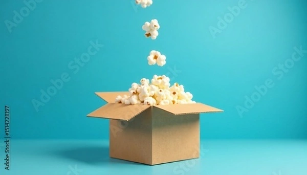 Fototapeta Popcorn falling into a small cardboard box with smooth blue background, box, brown, food