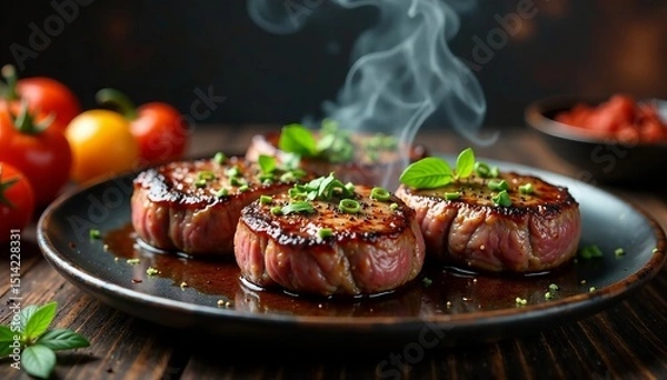 Fototapeta Sizzling beef steaks with spices hovering above flames, spices, barbecue, food