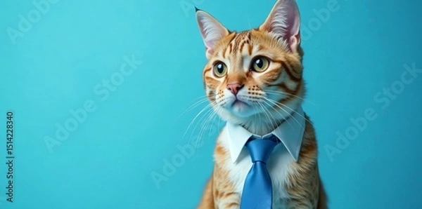 Fototapeta Serious handsome cat with blue tie on light blue background - Science Education Stock Photo, science concept, study, thinking