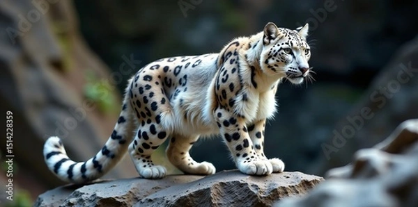 Fototapeta Sleek snow leopard with long tail, blending into rocky terrain, rocky habitat, wild animals, animal photos