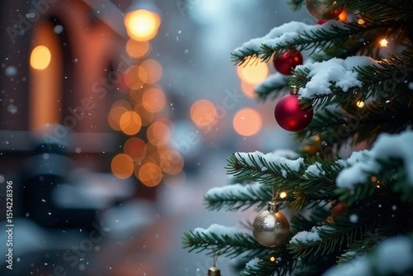 Fototapeta Snowfall on Christmas tree with blurred bokeh banner, Decoration, Tree, New Year