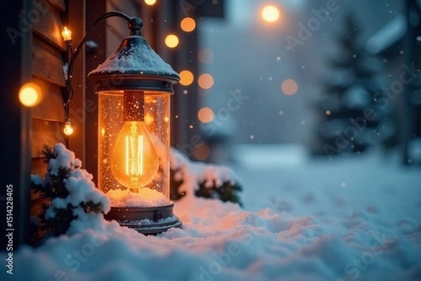 Fototapeta Softly glowing vintage lights amidst a snowy scene with defocused light and silver background, black, ambient, light