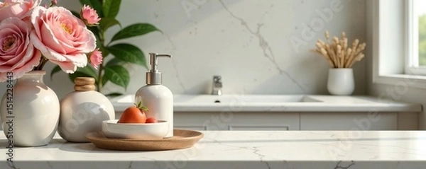 Fototapeta Still life of decorative objects on a marble surface against a blurred bathroom backdrop , decor, style, still life