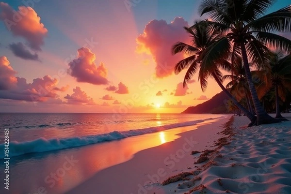 Fototapeta Sunset over palm trees on deserted beach at Cayo Levantado, palm tree, tropical, island