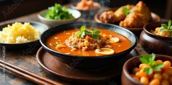 Fototapeta Traditional Korean table setting with kimchi soup, fried chicken, and various side dishes , spicy food, rice cake, kimchi