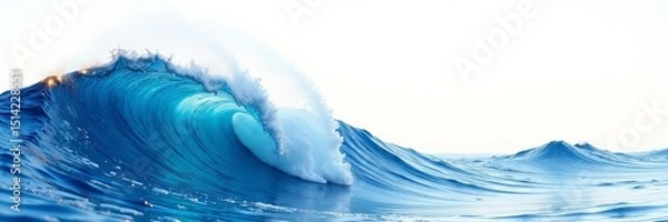 Fototapeta Vibrant blue and gold watercolour wave against white backdrop, serene scene , beach, colour field