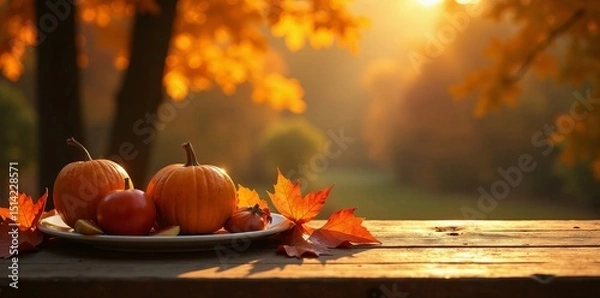 Fototapeta warm golden light shines on autumnal table setting, holiday, autumn, wine