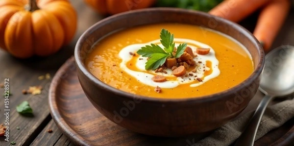 Fototapeta Warm Autumn soup in a rustic bowl with pumpkin and carrot cream, autumn, wooden table, autumnal