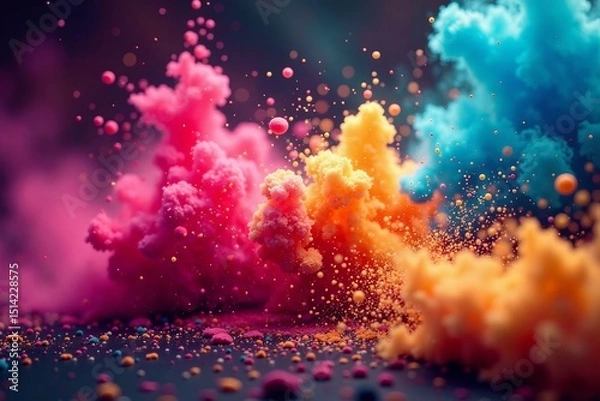 Fototapeta Vibrant hues of dust particles suspended in mid-air, creating a mesmerizing explosion of color , paint, holi festival, festive atmosphere