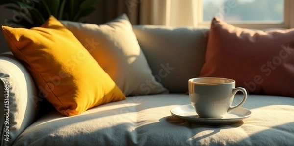 Fototapeta Warm lighting on a comfortable couch with pillows and a cup of coffee in the background, relaxing atmosphere, living room, interior design