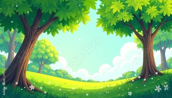 Fototapeta Whimsical illustration of trees swaying gently in the breeze with sunlight filtering through leaves , Whimsical, Nature, Sunlight