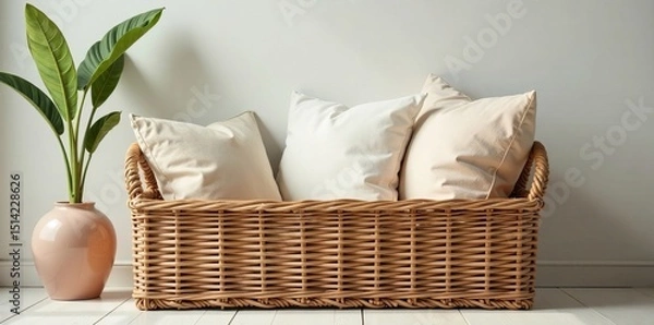 Fototapeta Wicker basket with pillows and storage for a calming atmosphere, storage, cozy, scandinavian
