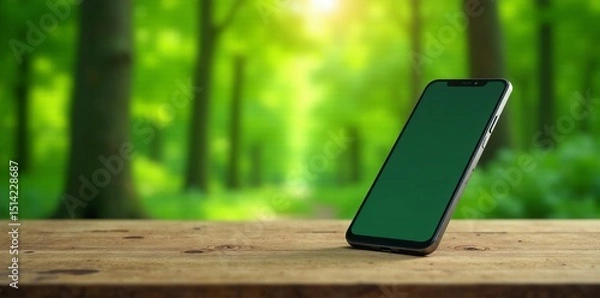 Obraz Wooden table with phone, email and computer buttons in a blur green forest background, electronics, customer, support