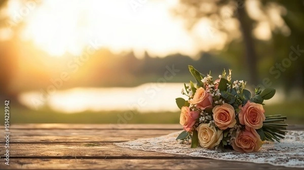 Fototapeta Romantic picnic setup with bouquet placed carefully on a lace cloth, thoughtful love scene