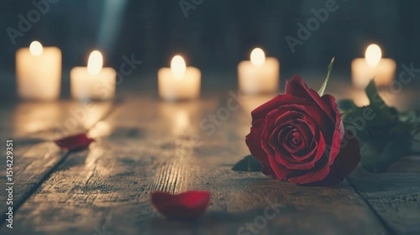 Fototapeta Cherishing a moment alone with a red rose bouquet under soft candlelight, introspective romance