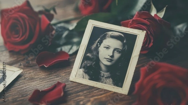 Fototapeta Cherished memory captured in a vintage photo beside a fresh red rose bouquet, nostalgic atmosphere