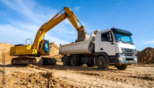 Obraz Powerful Excavator Loading Dump Truck at Construction Site