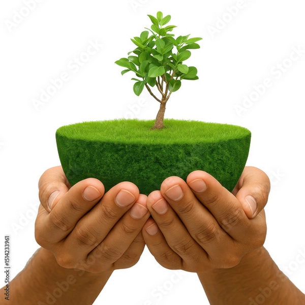 Fototapeta A person is holding a plant in their hands. The plant is surrounded by grass and he is growing in a small, round container. Concept of nurturing and care for the plant