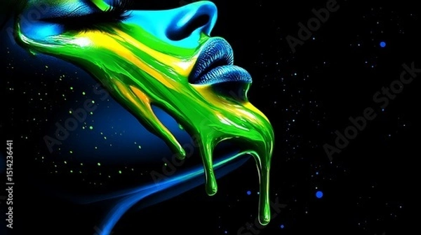 Fototapeta Abstract portrait of a woman's face with dripping vivid color paint art